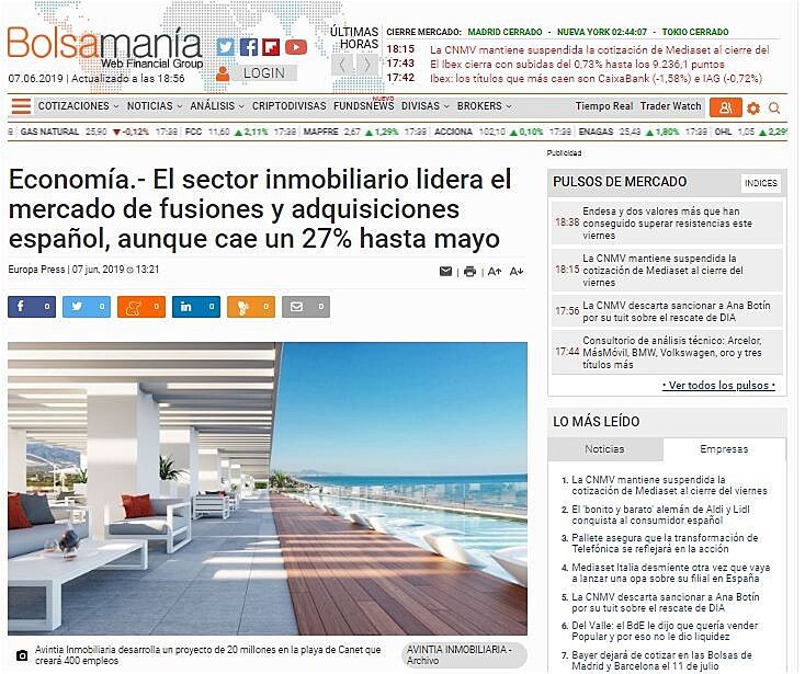 El sector inmobiliario lidera el mercado de fusiones y adquisiciones espaol, aunque cae un 27% hasta mayo